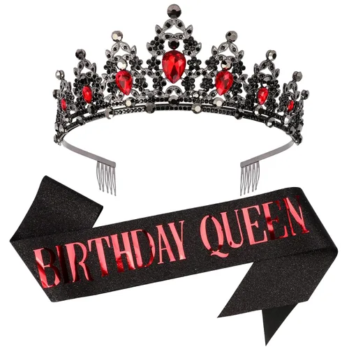 Vista 8 de CAVETEE Diadema negra de cumpleaños para mujer, corona de reina de cumpleaños y banda negra para decoración de fiesta para mujer