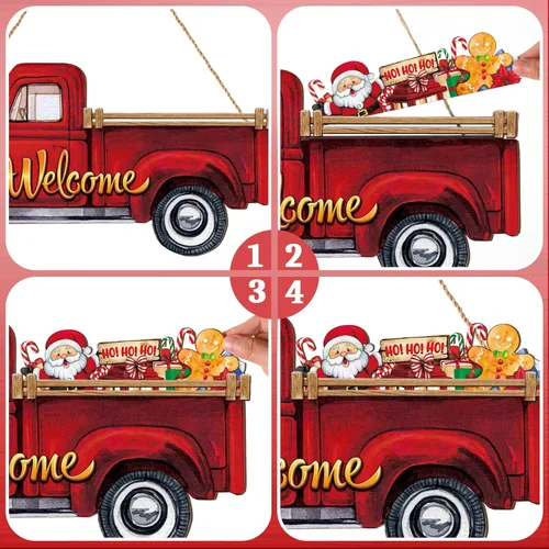 Vista 6 de Ferraycle 13 piezas intercambiables de bienvenida, decoración de camión rojo, decoración rústica de casa de campo con 12 letreros navideños