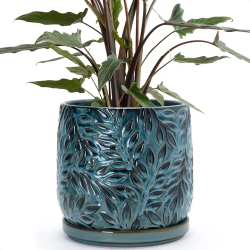 Vista 15 de D'vine Dev Maceta de cerámica con hojas en relieve de 4 pulgadas con orificio de drenaje y platillo, azul grafito, 27-A-Z-9