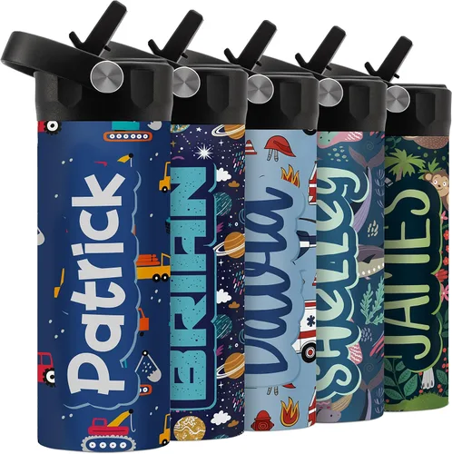 Botella de agua personalizada para niños, 14 onzas, 14 opciones de diseño, botella de agua personalizada para niños, regalos de fin de año escolar,