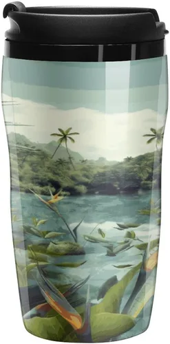 Tropical Landscape Coffee Cup Hot Coffee Travel Mug Reusable Iced Coffee Cups Double Heat Insulation Coffee Mug with Leak-Proof Lid Stylish Travel