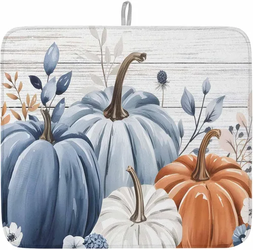 Tapete de secado de platos de otoño de calabazas azules, naranjas y grises para encimera de cocina, almohadilla de secado de microfibra para
