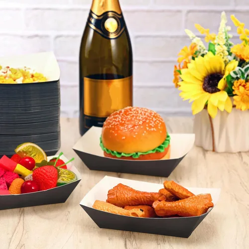 Vista 7 de Yinkin 100 bandejas de papel para alimentos, barco, Navidad, 2 libras, bandejas desechables para nachos, bote de papel kraft para tacos, concesión