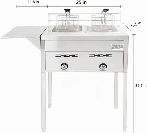 Vista 3 de Freidora comercial de dos tanques, cocina de propano con dos cestas de acero inoxidable y aceite de acero para freír al aire libre