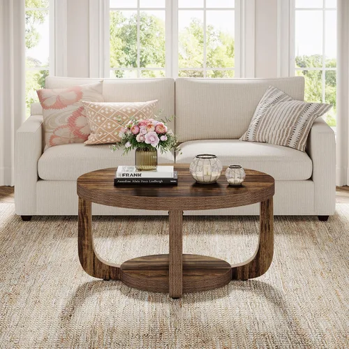 Vista 10 de Tribesigns - Mesa de café redonda, mesa de café circular de 2 niveles con almacenamiento, mesa auxiliar moderna de acento de madera para sala