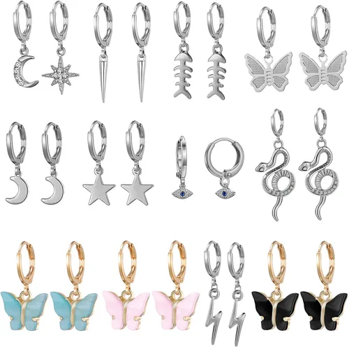 9/10/12 pares de aretes pequeños de aro con dije colgante de varios estilos para mujeres y niñas
