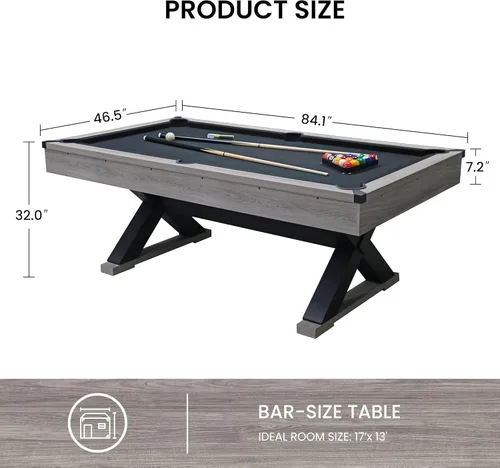 Vista 9 de Mesa de billar de 84 pulgadas con bolas de billar, tacos, tiza para taco de billar, cepillo de limpieza, patas en X, tela negra, gris rústico, 84.1