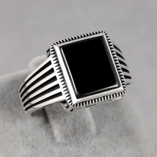 Vista 5 de Sterling Silver Rings for Men - Style Mens Sterling Silver Ring with Onyx Stone, Anillos Para Hombre