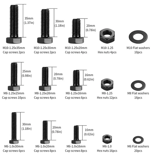 Vista 2 de Kit surtido de 128 tornillos hexagonales y tuercas hexagonales y arandelas, juego de tornillos y tuercas hexagonales métricas resistentes M6 M8 M10