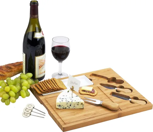 Vista 2 de Picnic at Ascot - Tabla de quesos de bambú grabada, personalizada, con 3 cuchillos de queso, plato de cerámica y marcadores de queso, diseño