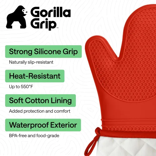 Vista 2 de GORILLA GRIP Guantes de horno de silicona suave sin BPA, 14.5 x 8.3, resistentes al calor e impermeables, forro de algodón grueso, agarre flexible