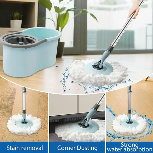 Vista 5 de Trapeador giratorio y cubo, trapeador y cubo con escurridor para el hogar, herramienta de limpieza de pisos con 3 recambios de cabezal de microfibra