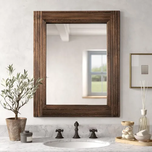 Vista 14 de YOSHOOT - Espejo de pared de madera empalmada hecha a mano para baño, espejo de tocador rústico estilo granja, arte de pared de decoración, marco