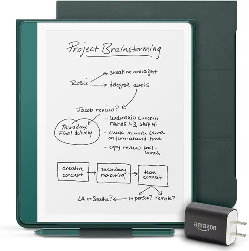 Vista 2 de Paquete Amazon Kindle Scribe Essentials que incluye Kindle Scribe (16 GB). Tungsteno, lápiz prémium, funda de cuero prémium negra y adaptador