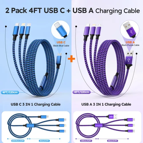 Vista 2 de Cable de Carga Múltiple USB A + USB C, Cargadores 3 en 1 para Múltiples Dispositivos, Cargador Universal con Múltiples Conectores — Tipo C, IP
