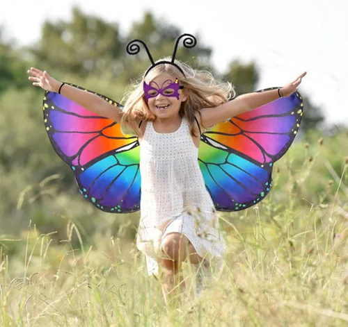 Vista 5 de Latocos Disfraz de mariposa para niñas y niños disfraz de alas de hada arcoíris para Halloween disfraz de tutú con máscara de antena