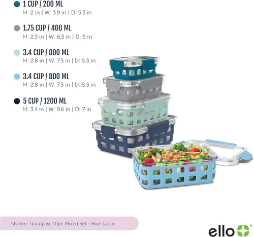 Vista 4 de Ello Duraglass - Juego de 5 recipientes de vidrio para almacenamiento de alimentos con funda de silicona y recipiente de vidrio DuraGlass