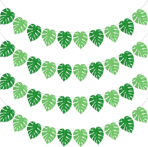 Sumind 4 guirnaldas de hojas tropicales hawaianas Luau, decoraciones con purpurina de hojas de domingo de palmeras para cumpleaños, suministros de