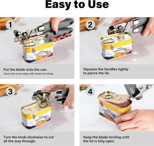 Vista 5 de TJ POP - Abrelatas manual, abrelatas de mano resistente, borde liso, perilla de fácil giro, con abrebotellas, utensilios de cocina, color gris