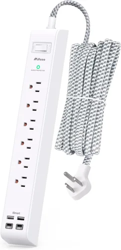 Regleta protectora de sobretensiones de 10 pies con 4 puertos USB, 2 USB-C, 6 tomas de CA, cable de extensión de enchufe plano, estación de carga