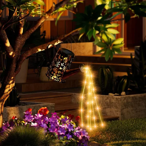Vista 6 de Regadera solar con luces, luces colgantes de cascada de Navidad, decoración de jardín con gancho de pastor para patio, césped, patio, camino