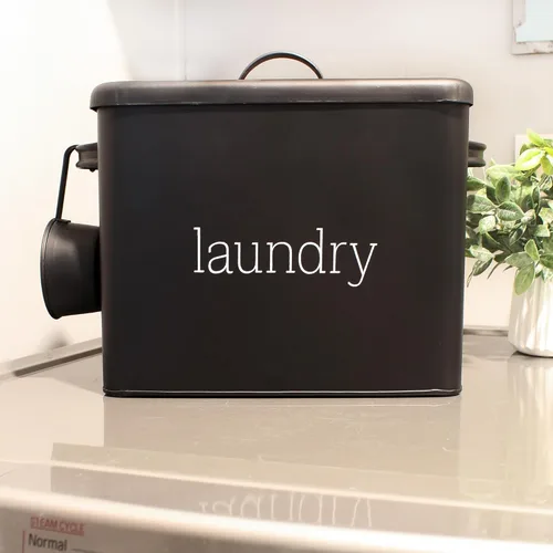 Vista 2 de AuldHome Design - Recipiente de polvo de lavandería esmaltado (negro), recipiente de detergente esmaltado con cuchara