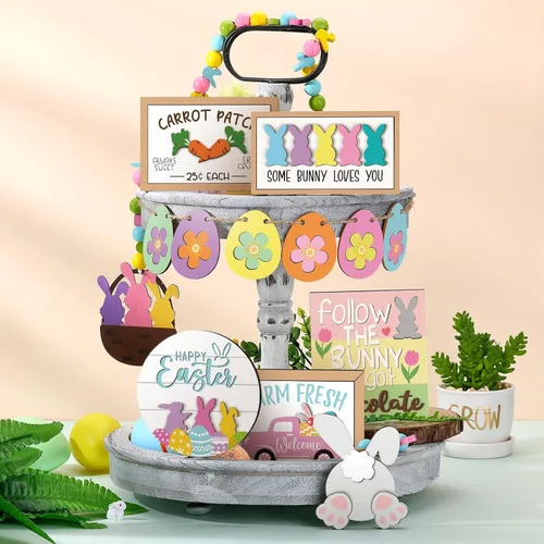 Vista 7 de Amyhill 12 piezas de decoración de bandejas escalonadas de Pascua, decoración de bandeja escalonada de primavera, mini conejo, conejo, huevo