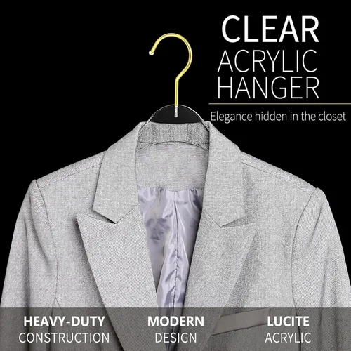 Vista 2 de Paquete de 15 perchas de acrílico transparente de alta calidad, acabado transparente y dorado