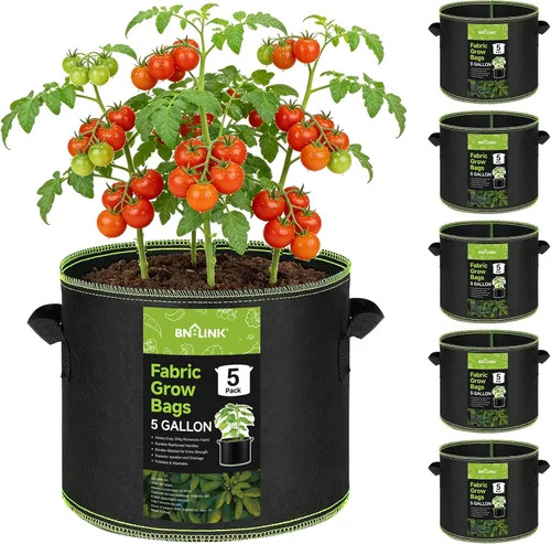 BN-LINK Paquete de 5 bolsas de cultivo de 5 galones, macetas de tela de aireación resistentes con asas, bolsas de cultivo de tela no tejida