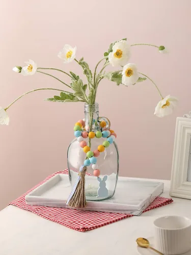 Vista 7 de Guirnalda de cuentas de madera de Pascua con borlas y etiqueta de conejo, cuentas de madera de estilo granja para decoraciones de bandeja