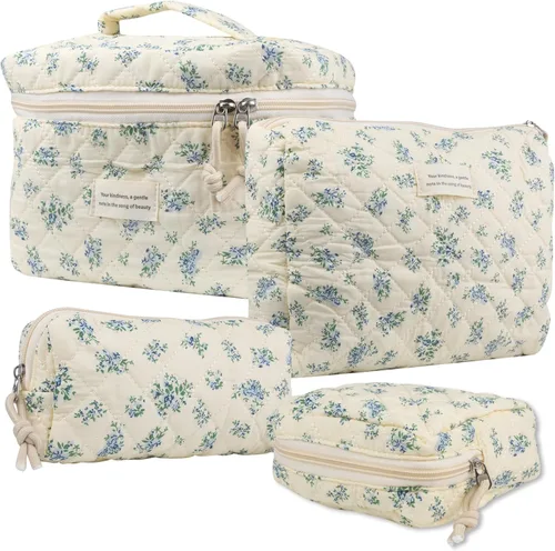 Vista 13 de VIWIME Bolsa de cosméticos de maquillaje, grande, de algodón, acolchada, de viaje, coquette, estética, linda, floral, bolsa de maquillaje