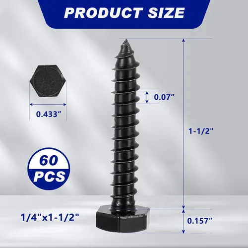 Vista 2 de Blulu 60 tornillos de retraso de cabeza hexagonal de 1/4 x 1-1/2 pulgadas, tornillos de retraso de acero inoxidable 304 para madera, acabado liso