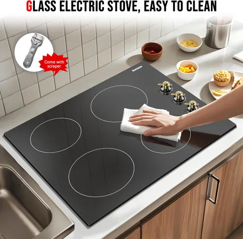 Vista 7 de Karinear Placa de Cocción Eléctrica de 24 Pulgadas 4 Quemadores Estufa Eléctrica, Control de Perilla, 6000W, Placa Radiante Incorporada, Indicador