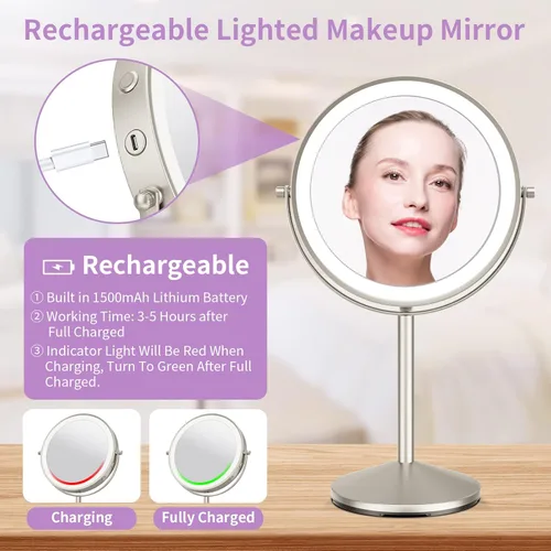 Vista 6 de Espejo de tocador con luces, maquillaje con aumento 1X10X, 8 pulgadas, recargable de doble cara, espejo iluminado de doble cara, regulable LED, 3