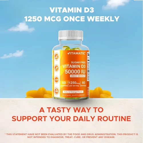 Vista 6 de Vitamatic Suplemento semanal de vitamina D3 sin azúcar de 50,000 UI - 60 gomitas a base de pectina Vitamina D de alta potencia para huesos, dientes