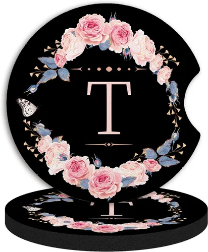 Vista 21 de 2 piezas de posavasos de coche con la letra A, posavasos absorbentes universales de neopreno con muesca para el dedo, accesorios de coche para mujer