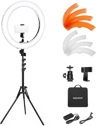 NEEWER Kit de luz de anillo de 18"/45cm, 58W, 3200K y 5600K, bicolor, regulable, CRI95, LED, iluminación para selfies para iPhone con soporte de