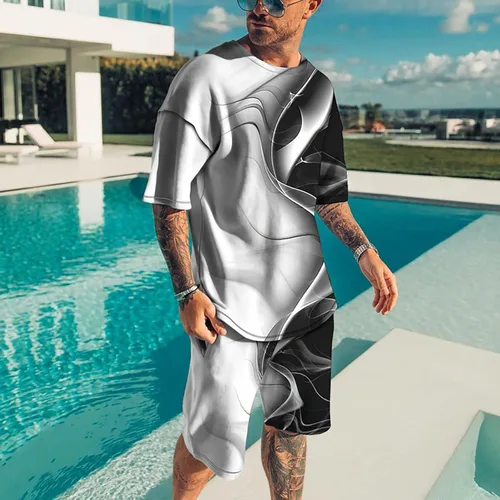 Vista 2 de EELHOE Men's 2 Piece Outfits Lightweight Regular-Fit Short Sleeve Graphic T-Shirts Printed Shorts Breathable Athletic Suit