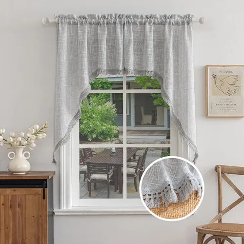 Vista 21 de Beda Home - Cenefas de lino texturizado con borlas para cocina de granjas; decoración rústica con filtro de luz para ventanas pequeñas, dormitorio