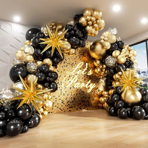 FOTIOMRG - Kit de arco de guirnalda de globos negros y dorados, globos de confeti negro dorado de látex de 5/10/12/18 pulgadas para decoraciones de