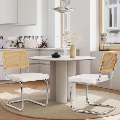 Vista 10 de Juego de 4 sillas de comedor de terciopelo blanco tapizadas sin brazos con respaldo de ratán, marco cromado inoxidable para comedor, apartamento