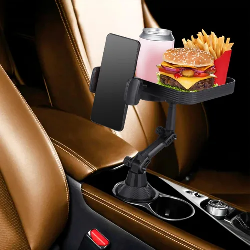 Vista 4 de CALLARON Bandeja portavasos, bandejas para automóvil para comer, bandeja giratoria ajustable 3 en 1 para alimentos, soporte universal para vasos