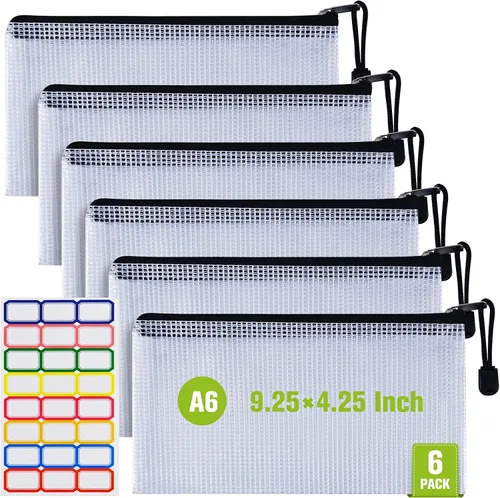 Vista 9 de Bolsa de malla con cremallera, 6 bolsas de malla de plástico impermeable con cremallera, bolsa de documentos tamaño A3, bolsas de archivos