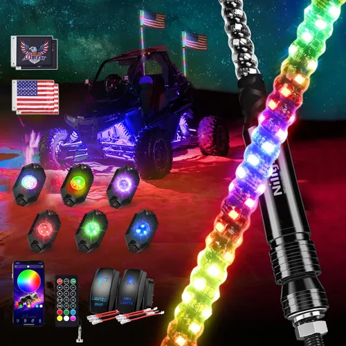Vista 20 de Nilight Luz de látigo RGB 1 unidad de 2 pies de antena iluminada látigos con control remoto y aplicación, patrones de persecución de bricolaje