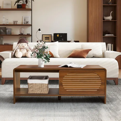 Vista 16 de Mesa de Centro Ovalada Acanalada, Mesa de Centro de Madera Estilo Granja Moderna de Mediados de Siglo, Mesa Central Boho para Sala de Estar y Negro