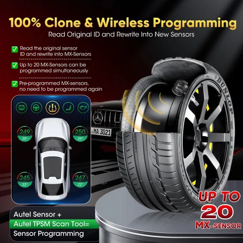 Vista 3 de Autel Juego de 4 sensores TPMS, sensor MX-2 en 1, 315 MHz + sensor programable universal TPMS de presión de 433 MHz, nivel OE 100% clonable por