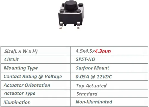 Vista 2 de Interruptor táctil de 0.177 x 0.177 x 0.169 in, 4 pines, SMD, interruptor de botón táctil, actuador superior, montaje en superficie, interruptor