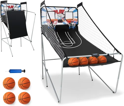 Vista 10 de GYMAX Juego de baloncesto arcade plegable para interiores con 8 modos de juego, sonido de arcade, 4 bolas y bomba de inflado, juegos de baloncesto