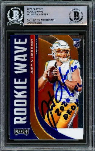 Justin Herbert - Tarjeta de novato de la onda de novato de Panini Playoff 2020 con autografiado # RW-4 Los Angeles Chargers "2020 NFL OROY" Beckett