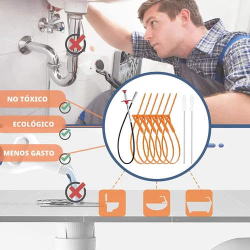 Vista 7 de Removedor de obstrucciones de drenaje de 35.5 pulgadas (1 unidad), removedor de pelo de serpiente de drenaje de 25 pulgadas (6 unidades) y cepillo